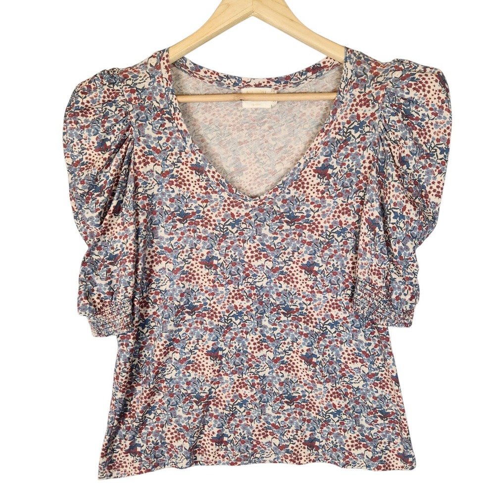 Nation LTD Top Large Blue Floral  Pima Cotton Puff Sleeve Smocked